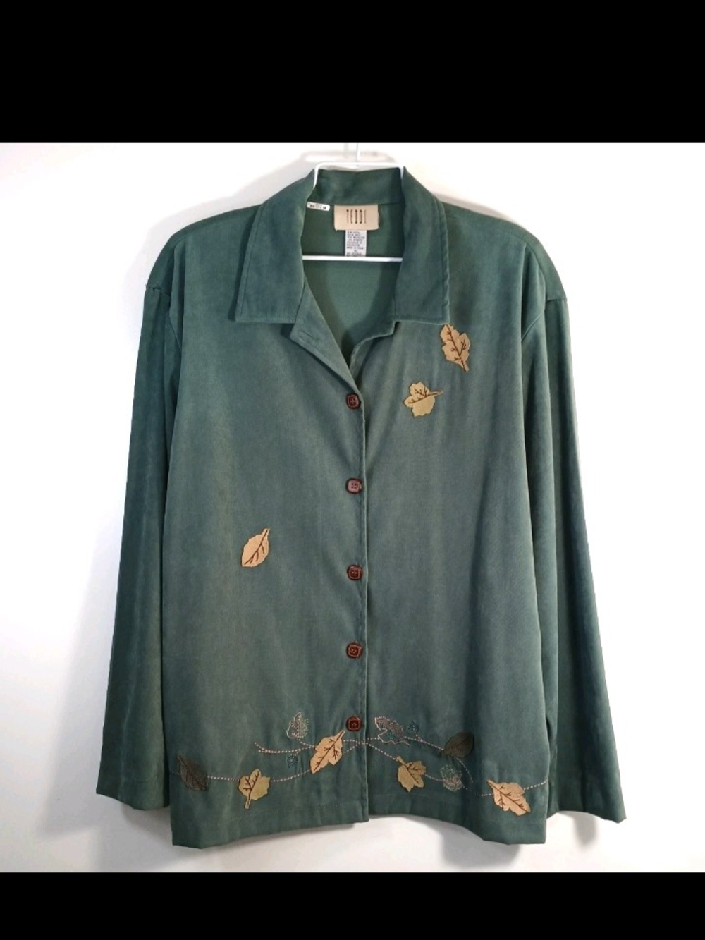 Vtg Teddi Deep Green Button-Front Jacket with Leaf Appliqués